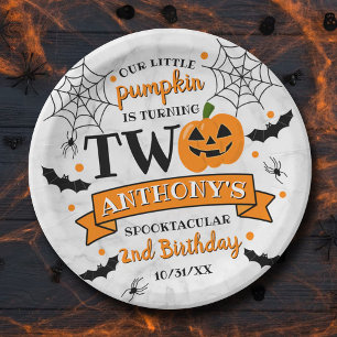 Little Pumpkin Turning Two Halloween 2nd Birthday Paper Plate
