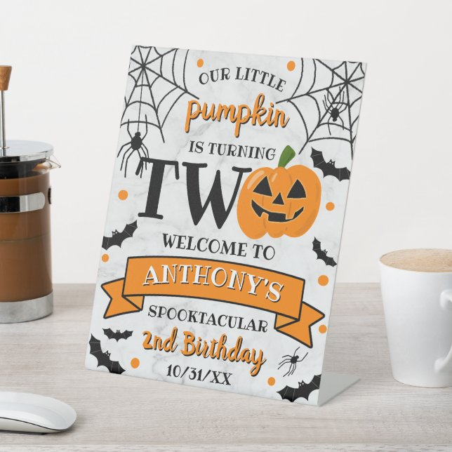 Little Pumpkin Turning Two Halloween 2nd Birthday Pedestal Sign (In SItu)