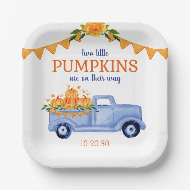 Little Pumpkin Twin Boy Baby Shower  Paper Plate (Front)