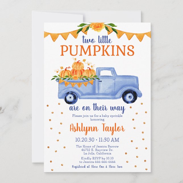 Little Pumpkin Twin Boy Baby Sprinkle Invitation (Front)