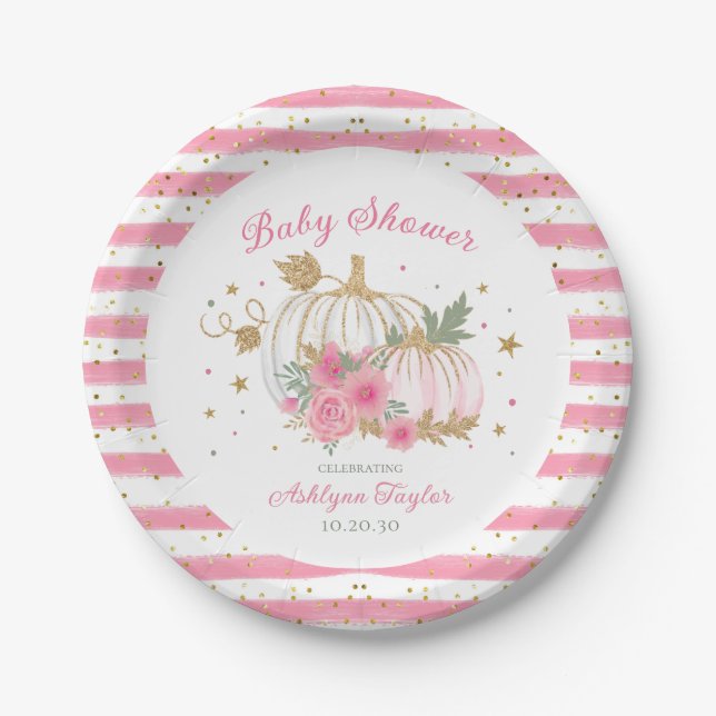 Little Pumpkin Twin Girl Baby Shower Paper Plate (Front)