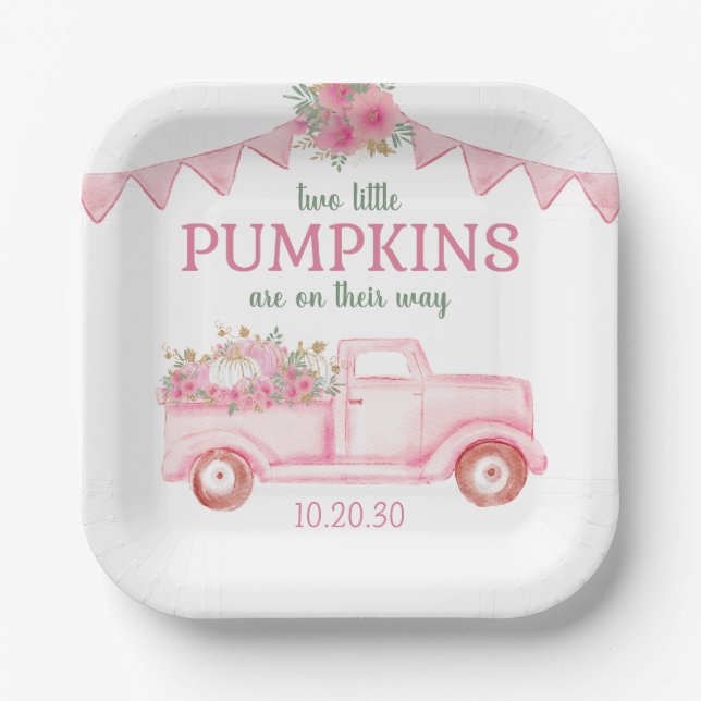Little Pumpkin Twin Girl Baby Shower Paper Plate (Front)