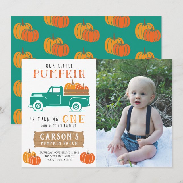 Little Pumpkin Vintage Truck Boy's First Birthday Invitation (Front/Back)