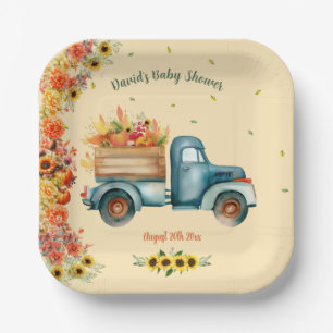 Little Pumpkin Vintage Truck Sunflower Fall Theme Paper Plate