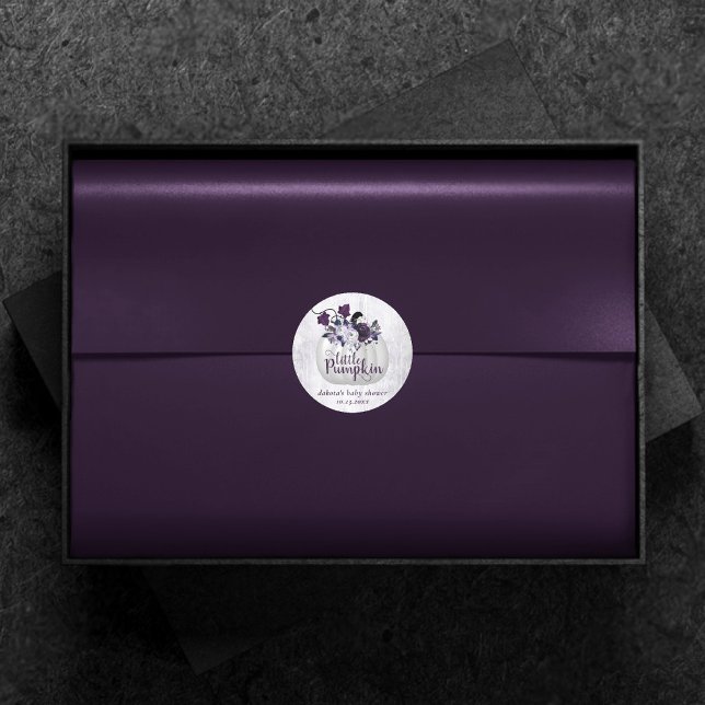 Little Pumpkin | Violet Purple Rustic Baby Shower Classic Round Sticker (Creator Uploaded)