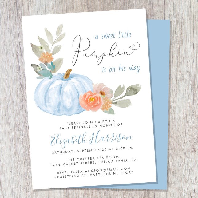 Little Pumpkin Watercolor Baby Boy Sprinkle Invitation (Celebrate the upcoming arrival of your sweet little autumn baby with a pumpkin-themed baby sprinkle)
