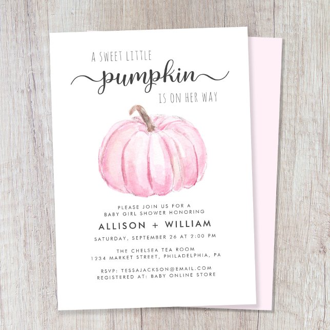 Little Pumpkin Watercolor Baby Girl Couples Shower Invitation (Celebrate the upcoming arrival of your autumn baby girl with a pumpkin-themed couple's baby shower)