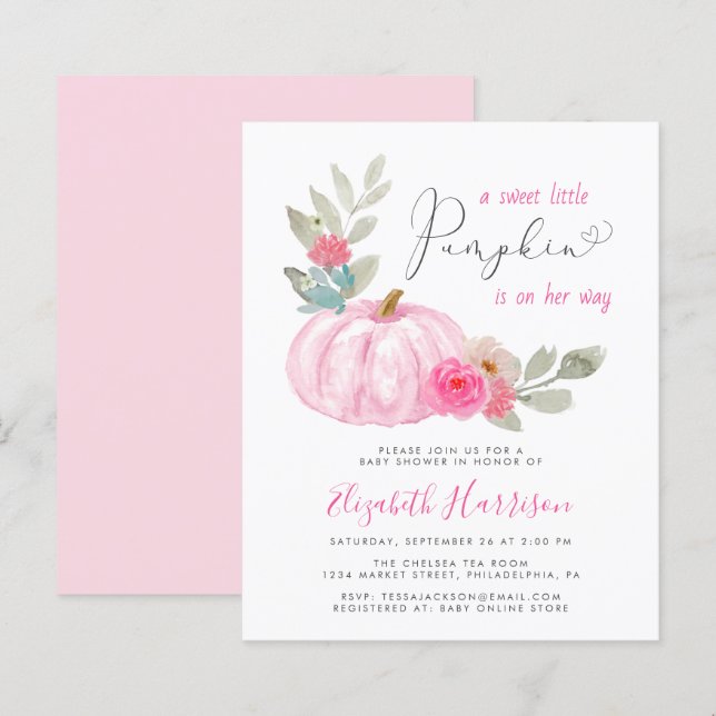 Little Pumpkin Watercolor Baby Girl Shower Invite (Front/Back)