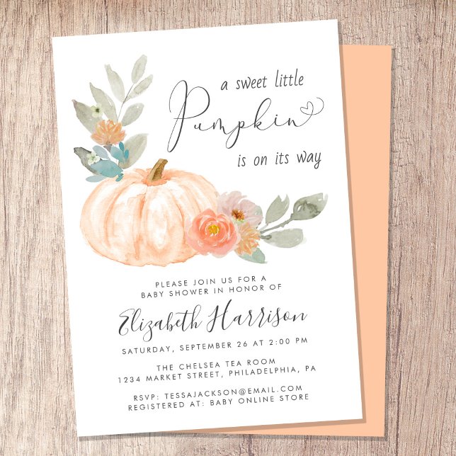 Little Pumpkin Watercolor Baby Shower Invitation (Celebrate the upcoming arrival of your sweet little autumn baby with a pumpkin-themed baby shower)
