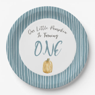 Little Pumpkin Watercolor Blue Birthday Party Paper Plate