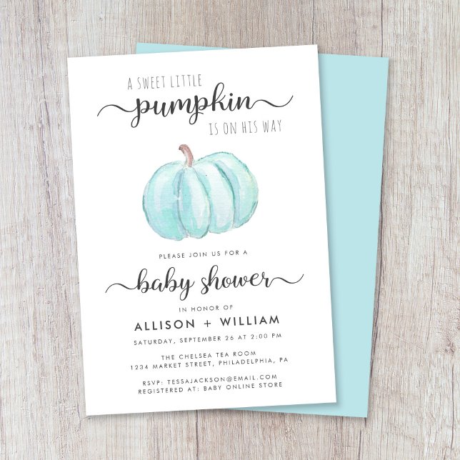 Little Pumpkin Watercolor Couples Baby Boy Shower Invitation (Celebrate the upcoming arrival of your autumn baby boy with a pumpkin-themed couples baby shower)