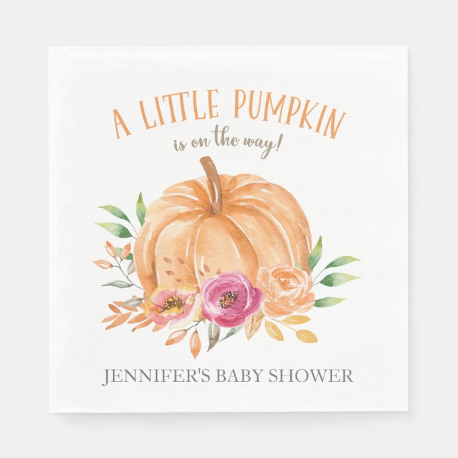 Little Pumpkin Watercolor Floral Baby Shower Napkin (Front)