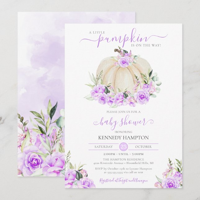Little Pumpkin White Purple Rose Girl Baby Shower Invitation (Front/Back)
