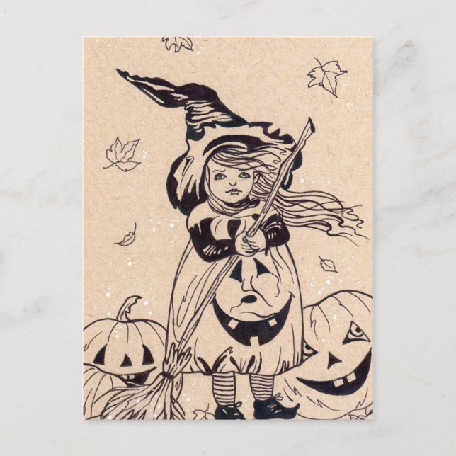 Little Pumpkin Witch broom halloween postcard (Front)