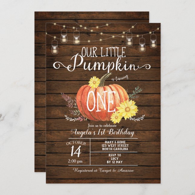 Little Pumpkin Wood Fall 1st Birthday invite (Front/Back)