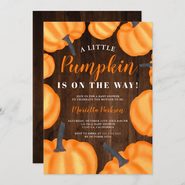Little pumpkin wood orange fall baby shower invitation (Front/Back)