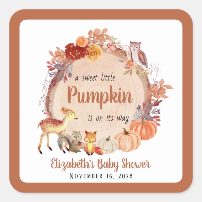 Little Pumpkin Woodland Animals Baby Shower Square Sticker (Front)