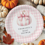 Little Pumpkin's Pink Gingham Paper Plate<br><div class="desc">Celebrate the arrival of a new bundle of joy with our charming pink and white gingham baby shower design featuring an adorable white pumpkin with a classic gingham pattern.  Ideal for a baby girl’s shower,  this design combines elegance and playfulness,  making it a memorable choice for your special occasion.</div>