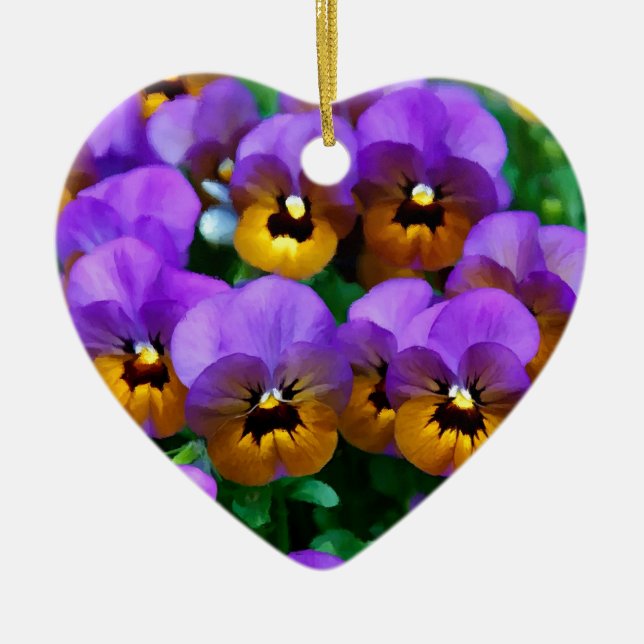 Little Purple Pansies Trimmed in Yellow Gold Ceramic Tree Decoration (Front)