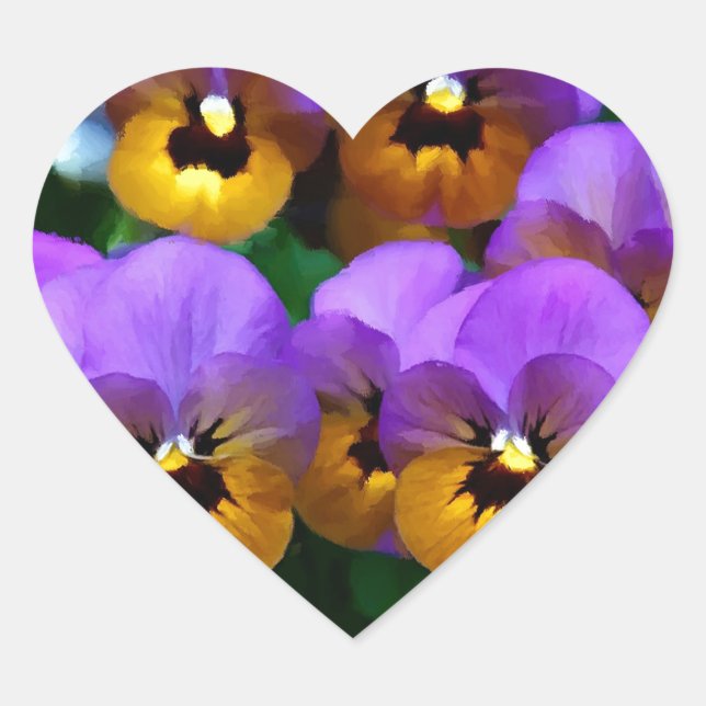 Little Purple Pansies Trimmed in Yellow Gold Heart Sticker (Front)