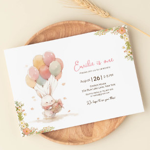 Little Rabbit Balloon First Birthday Invitation