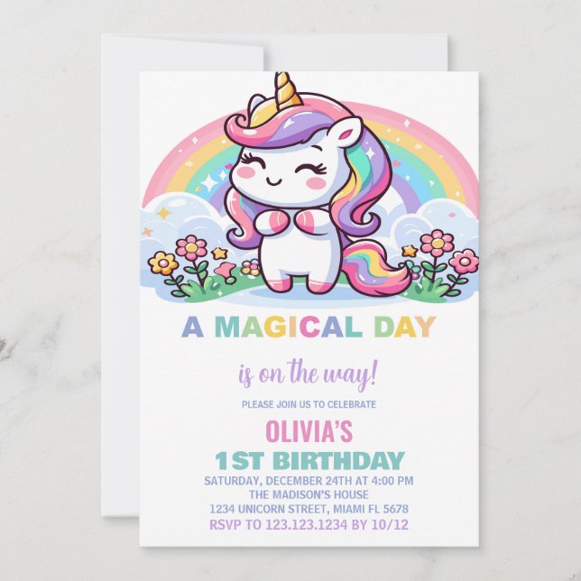 Little Rainbow Unicorn Birthday Invitations (Front)