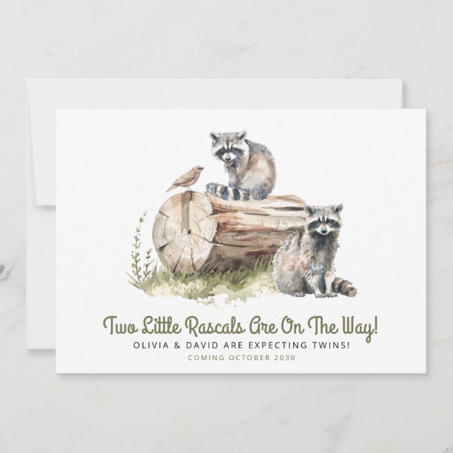 Little Rascals Raccoons Twins Baby Shower  Announcement (Front)