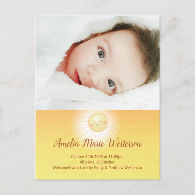 Little Ray of Sunshine Baby Birth Announcement Postcard (Front)