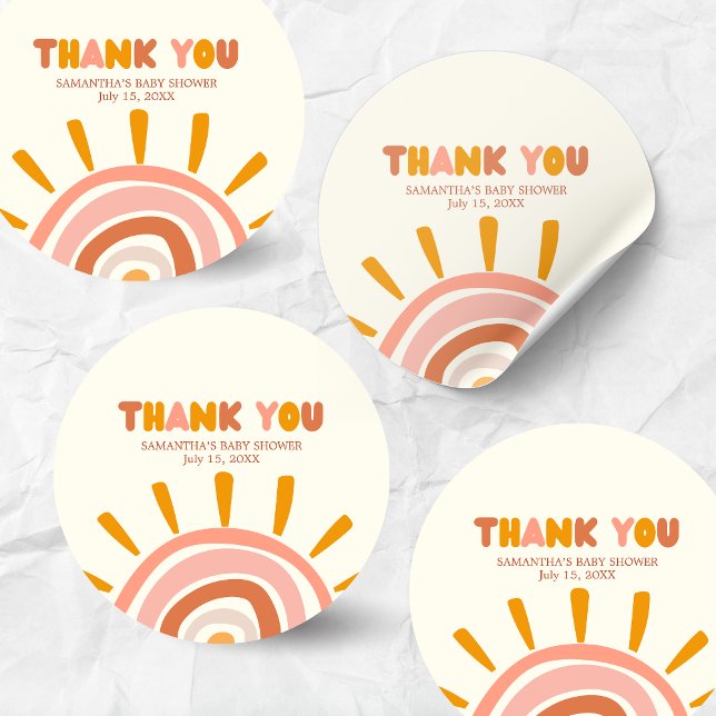 Little Ray of Sunshine Boho Sun Baby Shower Classic Round Sticker (Little Ray of Sunshine Retro Baby Shower Round Sticker)