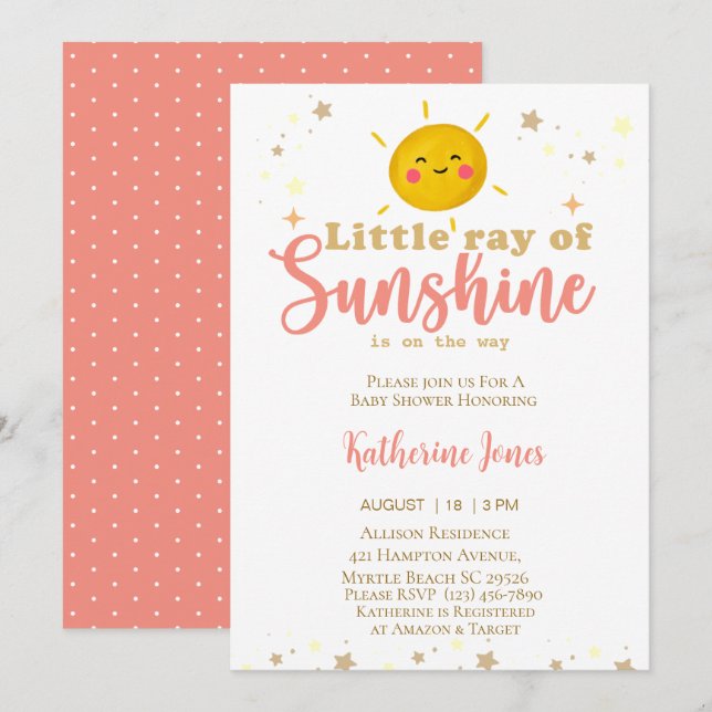 Little Ray of Sunshine Girls Baby Shower   Invitation (Front/Back)