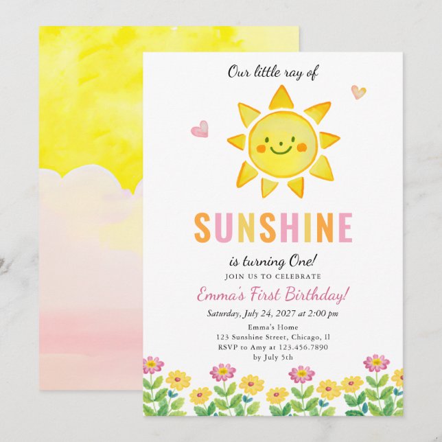 Little Ray of Sunshine Kids Birthday Party  Invitation (Front/Back)