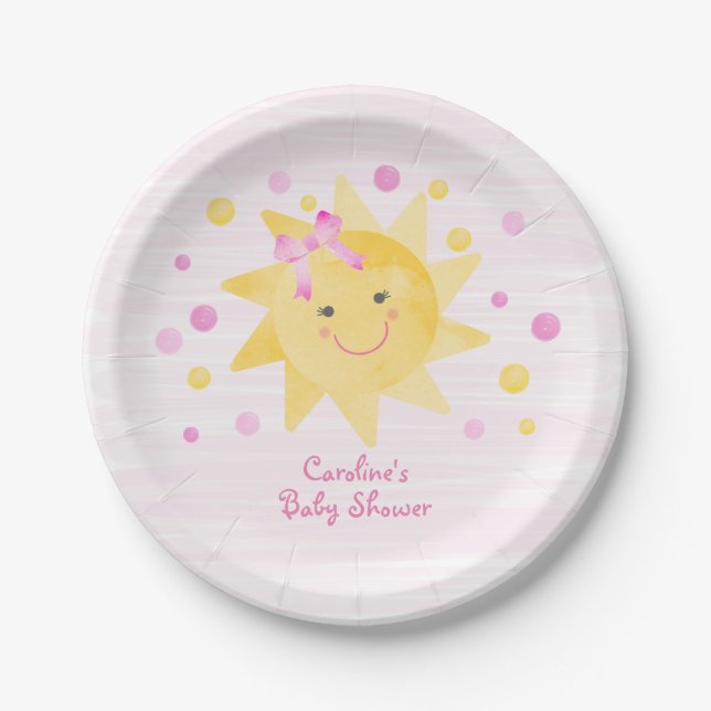 Little Ray of Sunshine Pink Yellow Baby Shower Paper Plate (Front)