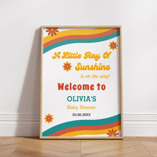 Little Ray of Sunshine Retro Baby Shower Welcome  Poster (A Little Ray of Sunshine Retro Baby Shower Welcome Sign )
