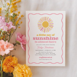 Little Ray of Sunshine Retro Pink Girl Baby Shower Invitation