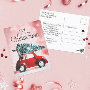 Little Red Beetle Car Christmas Tree Holiday Postcard
