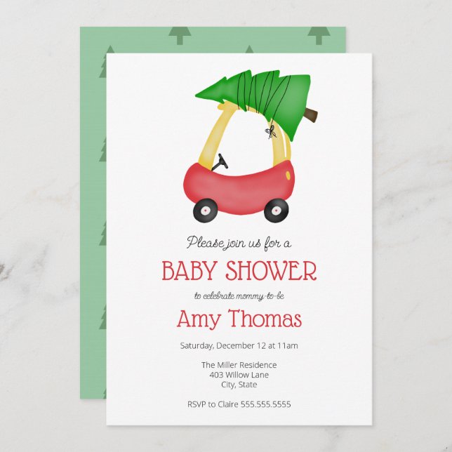 Little Red Car with Christmas Tree Baby Shower Invitation (Front/Back)