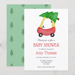 Little Red Car with Christmas Tree Baby Shower Invitation