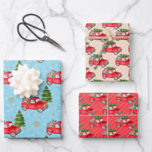 Little Red Car With Christmas Tree Wrapping Paper Sheet