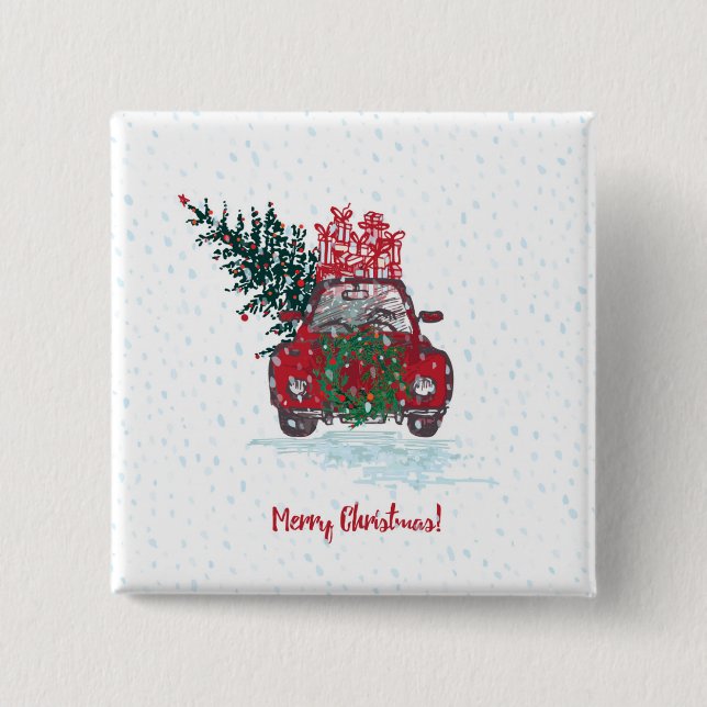 Little Red Christmas Car 15 Cm Square Badge (Front)