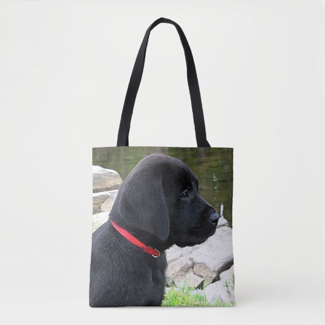 Little Red Collar - Black Lab Puppy - Labrador Tote Bag (Front)