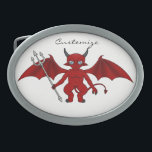 Little Red Devil Thunder_Cove Oval Belt Buckle<br><div class="desc">cute winged red devil with a long barbed tail holding a pitchfork</div>