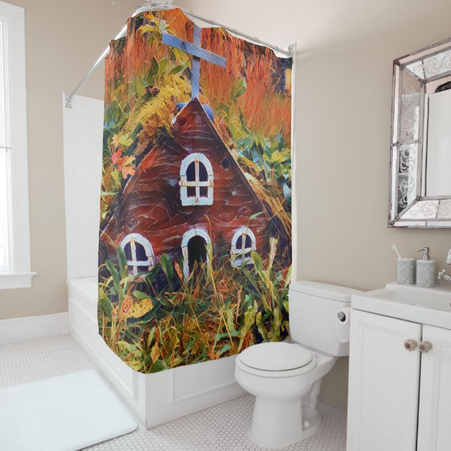 Little Red Fairy House Shower Curtain (In Situ)