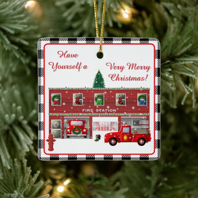 Little Red Fire Truck and Fire Station  Ceramic Ornament (Tree)