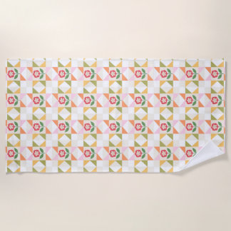 Little red flower quilt block beach towel