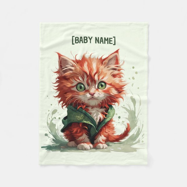 Little Red Fluffy Kitten Personalised Fleece Blanket (Front)
