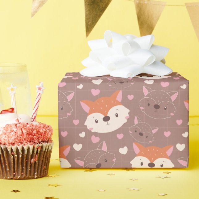 Little Red Fox Face On Tan Wrapping Paper (Birthday Party)