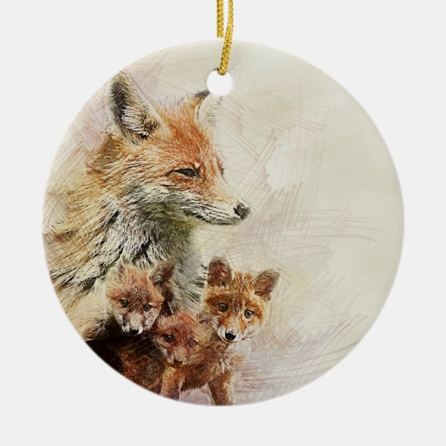 Little Red Fox Family Ceramic Tree Decoration (Front)