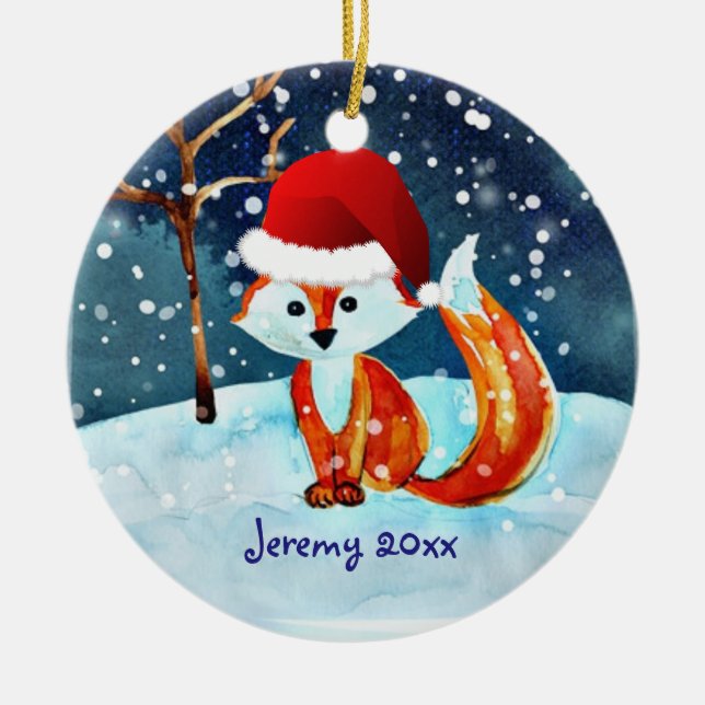 Little Red Fox in Santa Hat Ceramic Tree Decoration (Front)