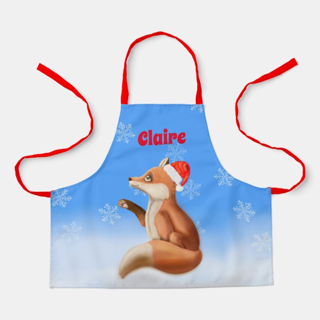 Little Red Fox with Santa hat Customised Christmas Apron (Front)