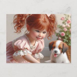Little Red head girl with her Puppy Postcard